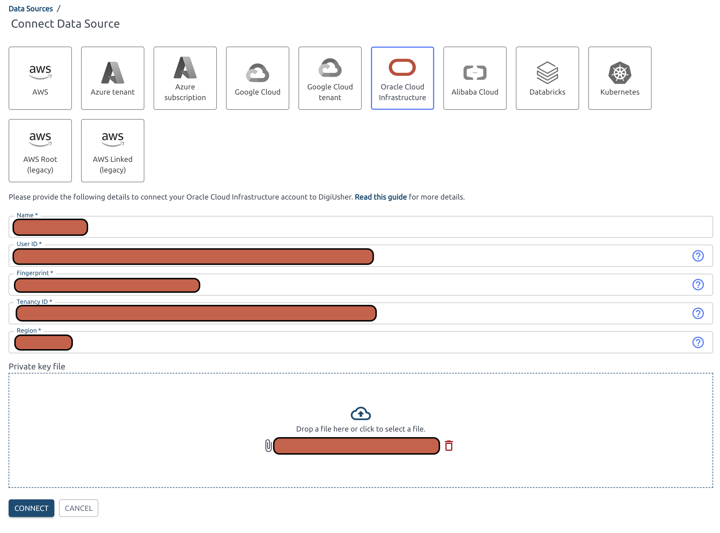 Screenshot of DigiUsher Add Oracle Cloud Infrastructure Data Source Details