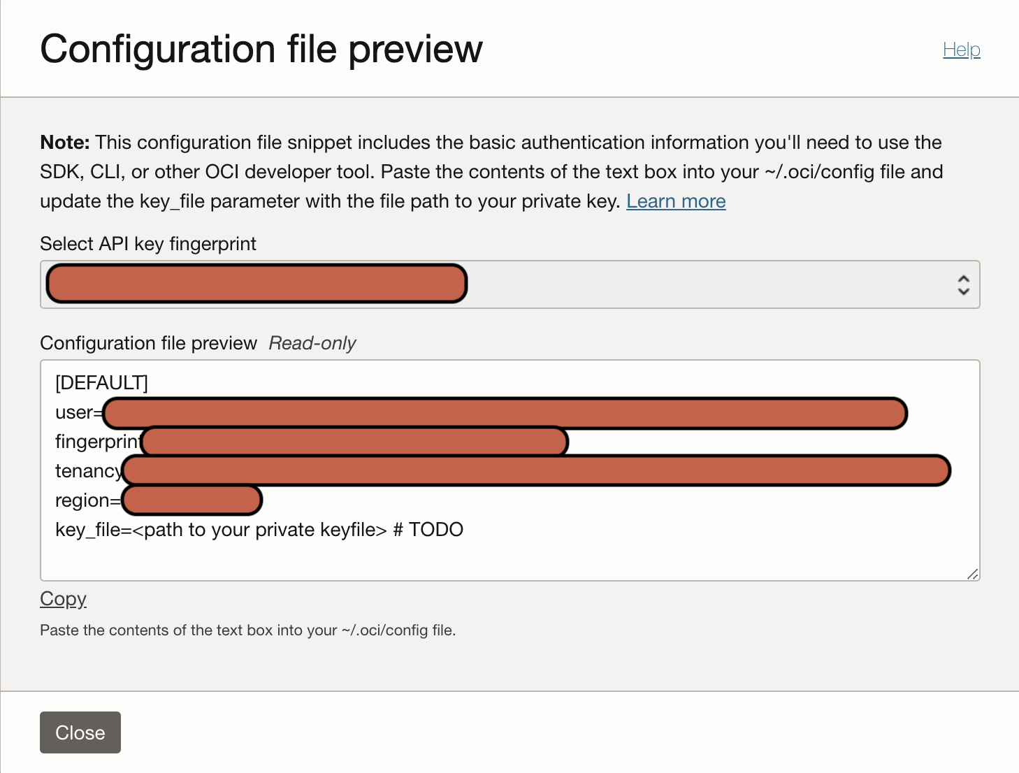 Screenshot of OCI Configuration File Preview