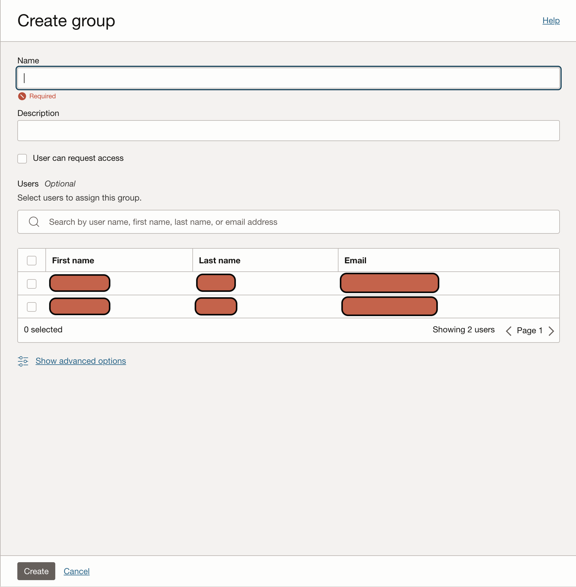 Screenshot of OCI Create Group