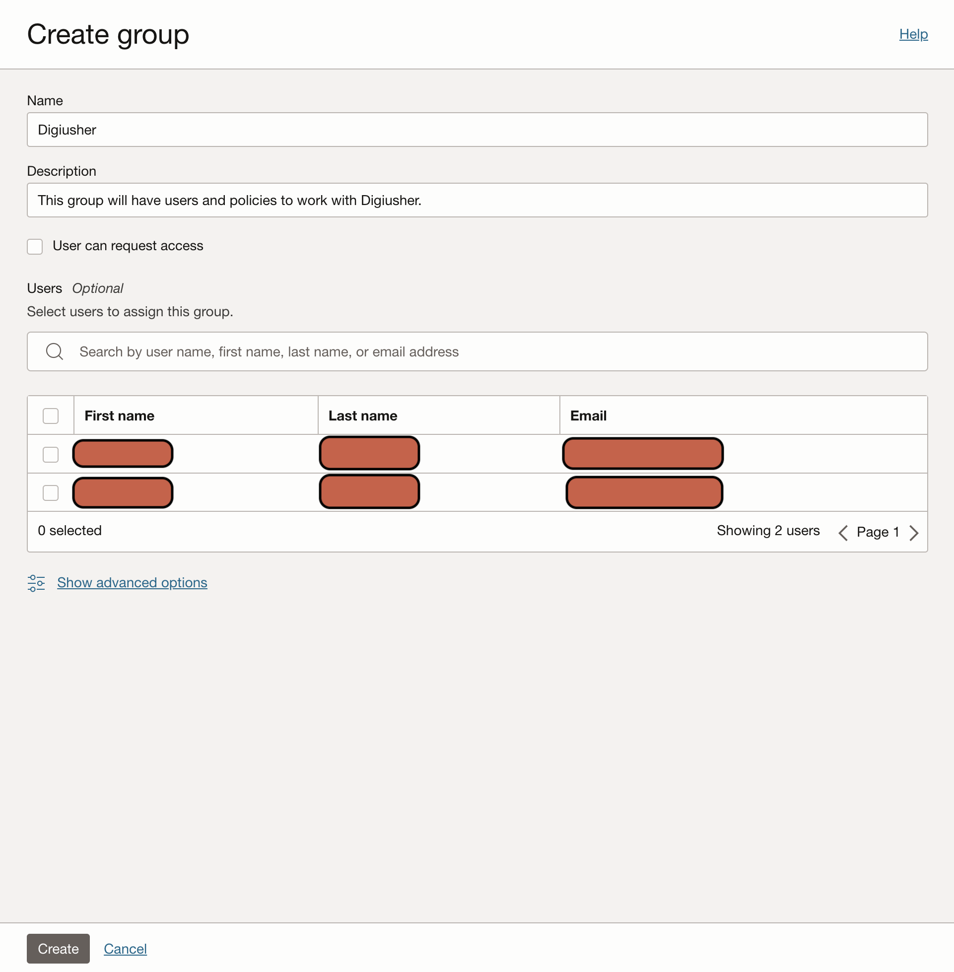 Screenshot of OCI Create Group Details