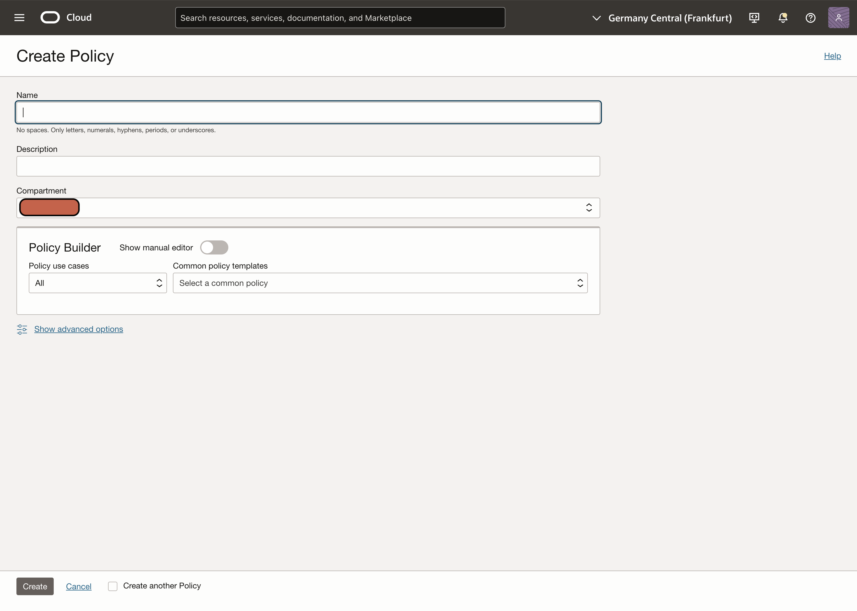 Screenshot of OCI Create Policy