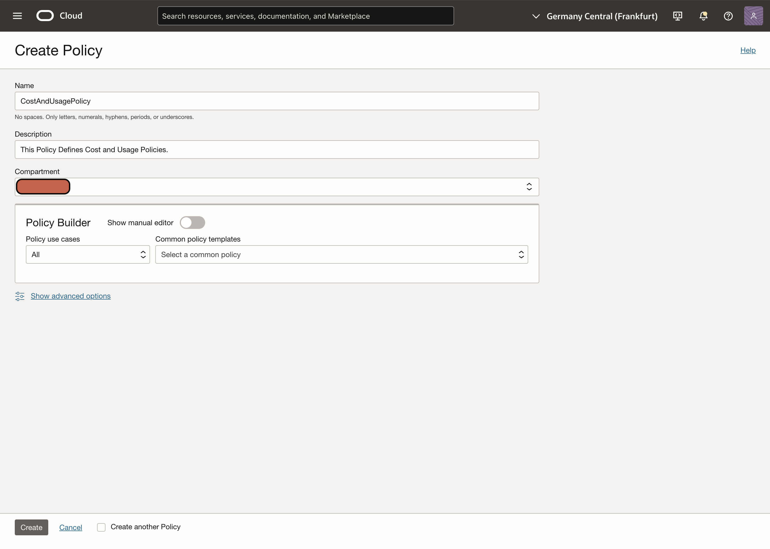 Screenshot of OCI Create Policy Details