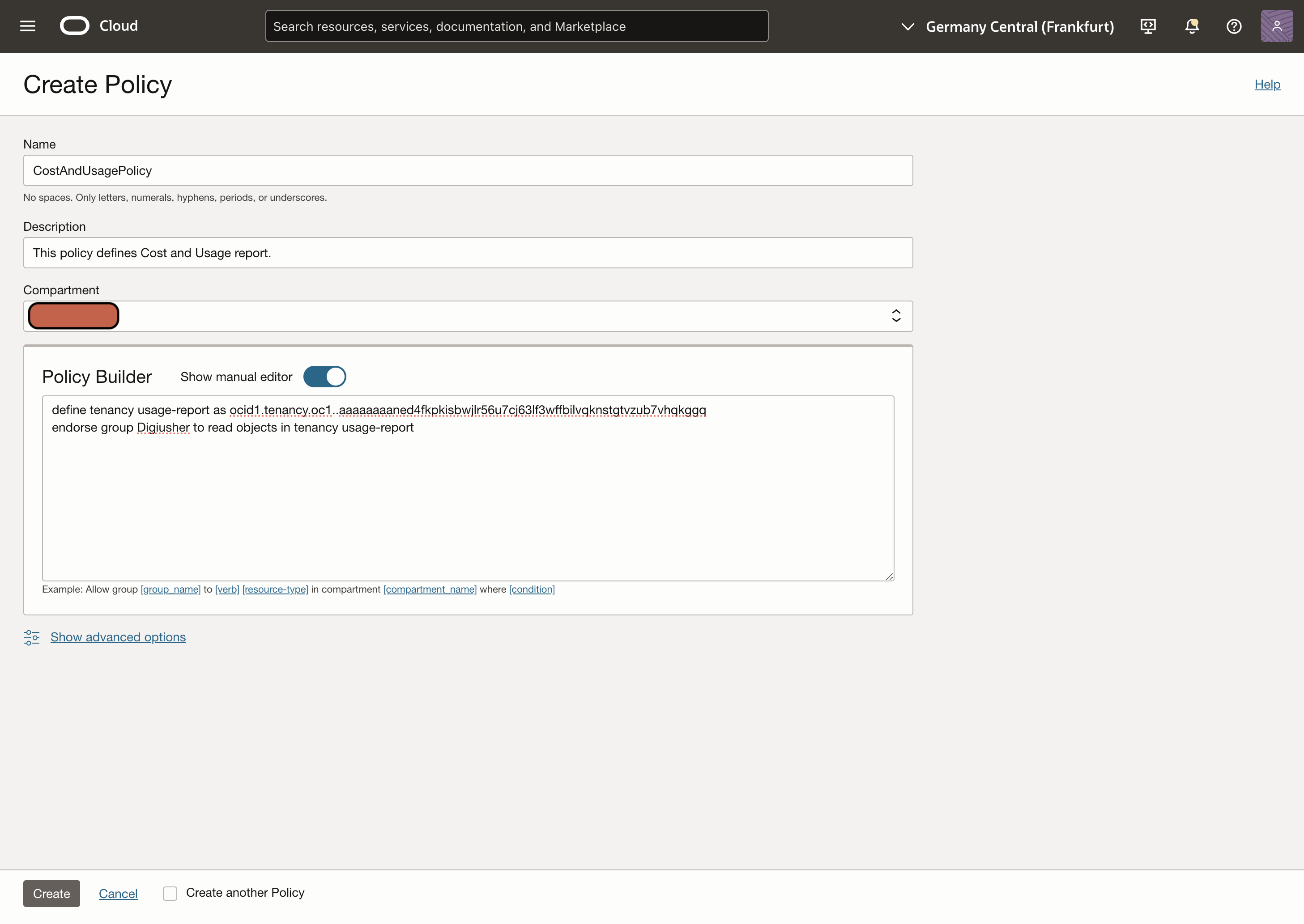 Screenshot of OCI Create Policy Enter Policy Statements