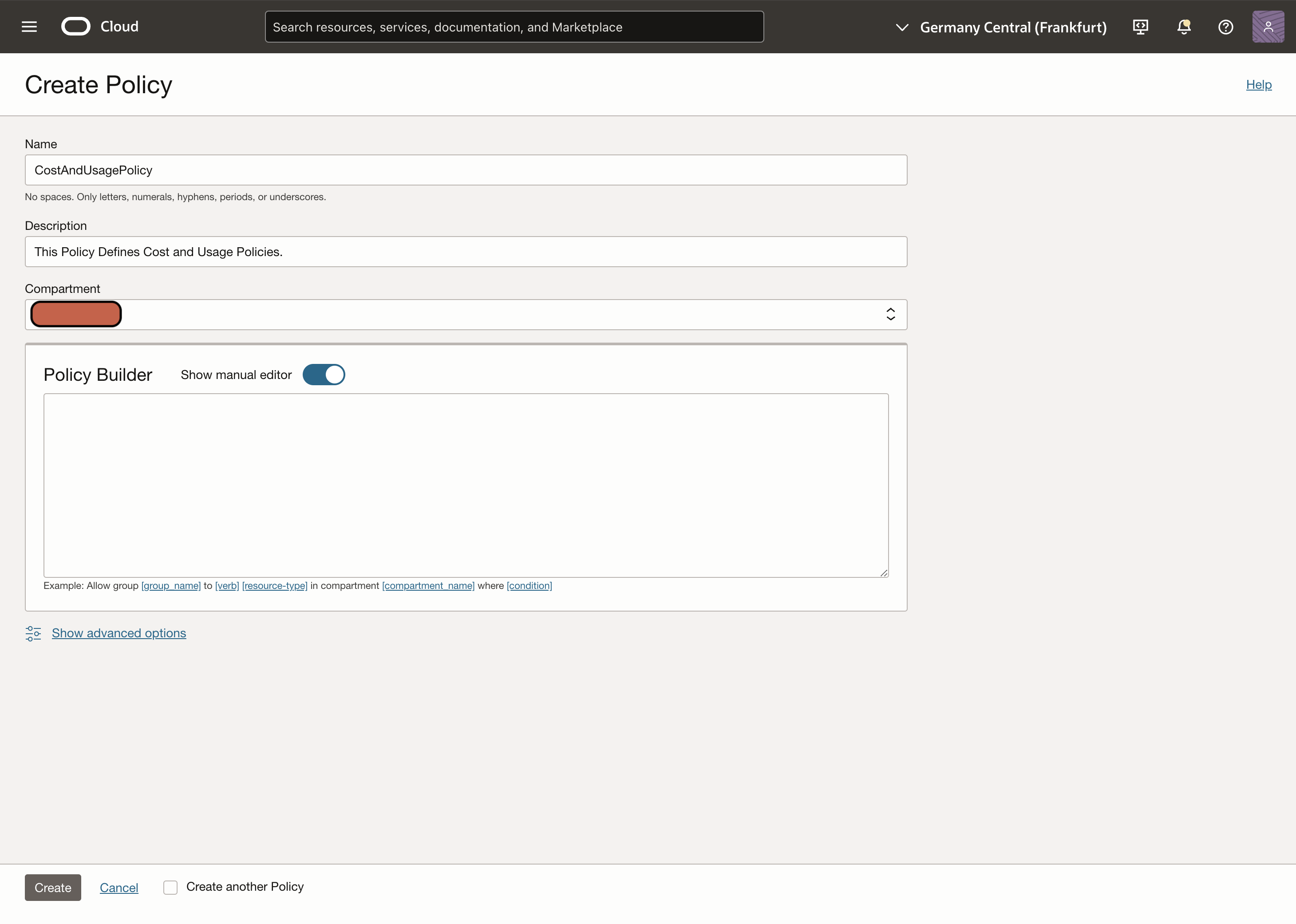 Screenshot of OCI Create Policy Show Manual Editor