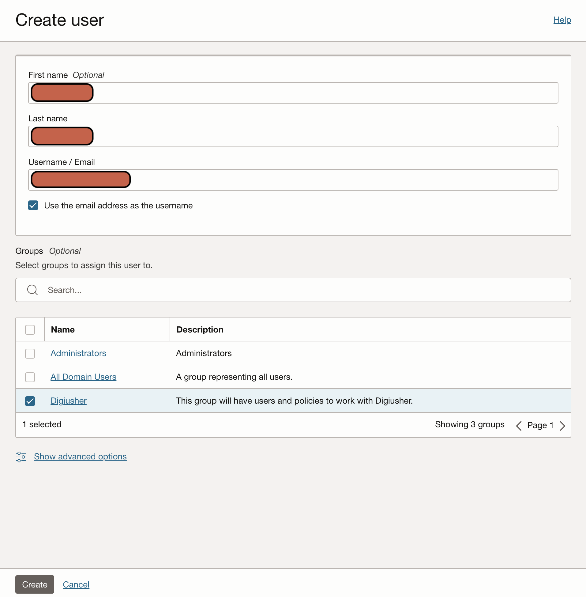 Screenshot of OCI Create User Assign Group