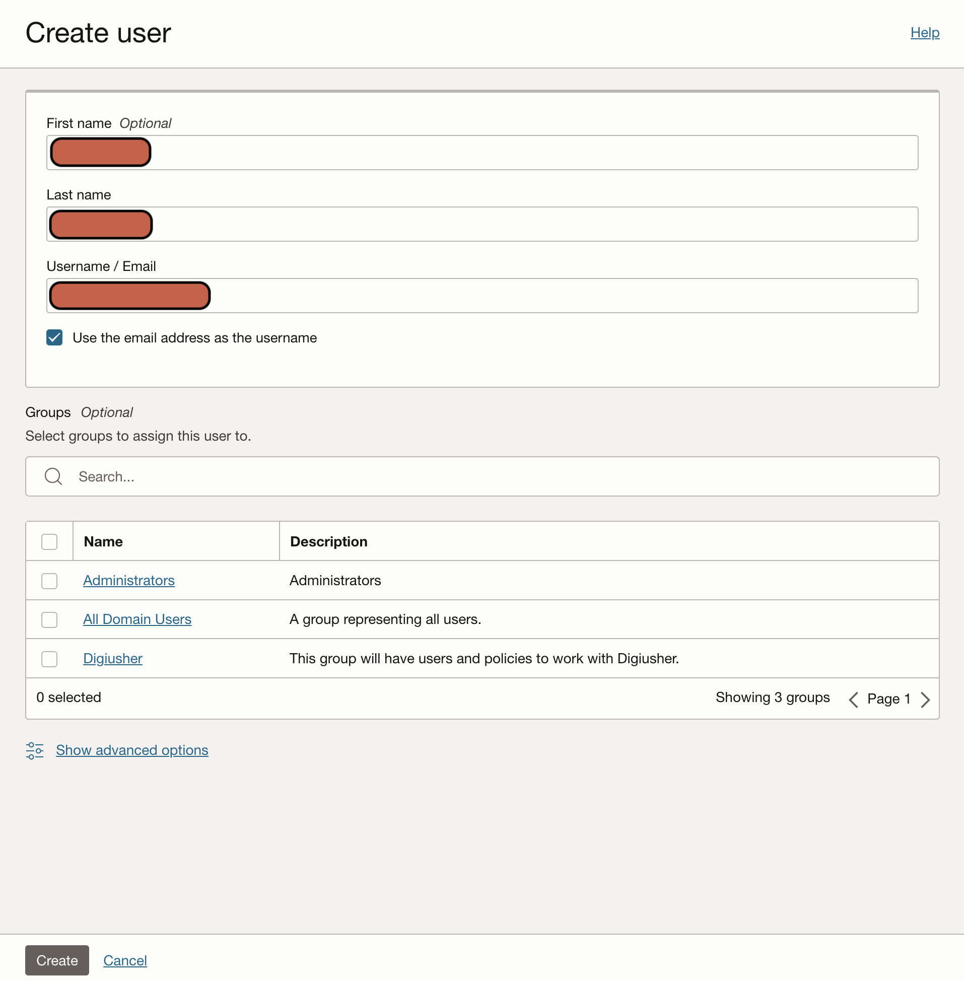 Screenshot of OCI Create User Details