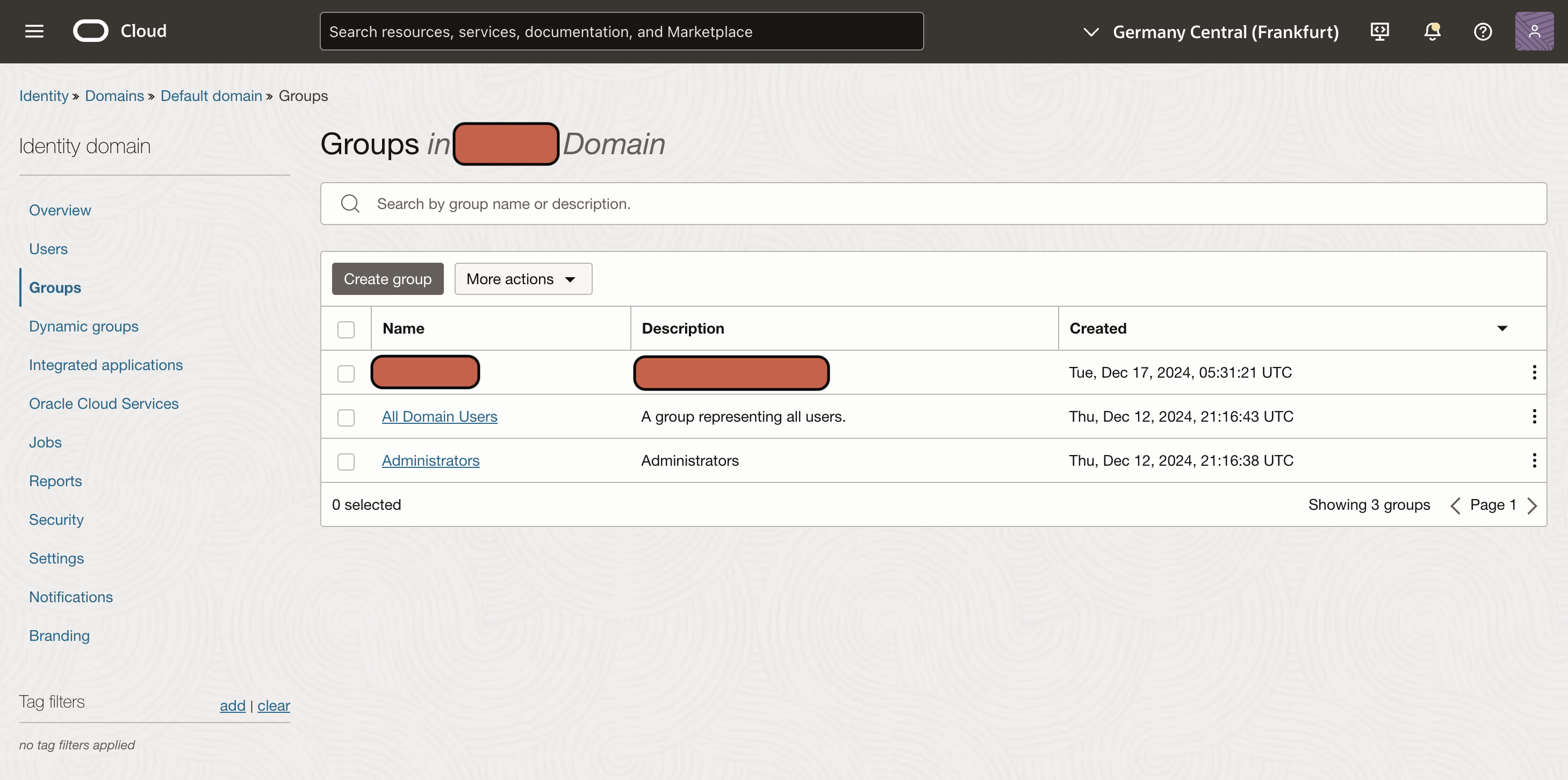 Screenshot of OCI Groups In Domain