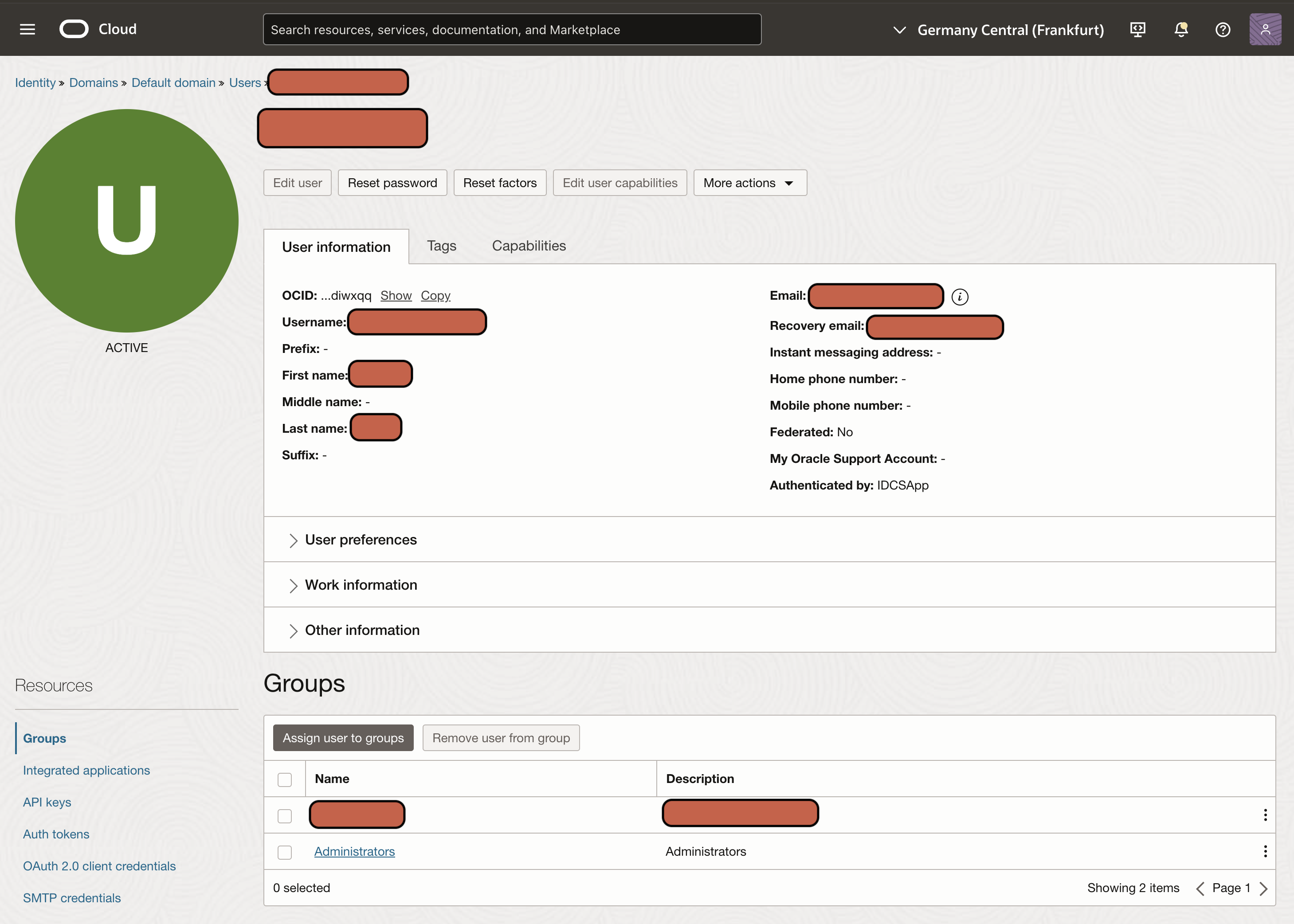 Screenshot of OCI User Profile